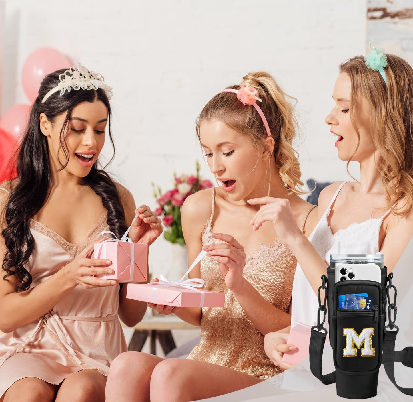 Aganmi Mothers Day Birthday Gifts for Mom Teacher Water Bottle Carrier Bag with Phone Pocket for Stanley 40oz Tumbler Initial Water Bottle Holder with Adjustable Strap for Women Hike Camping Black A