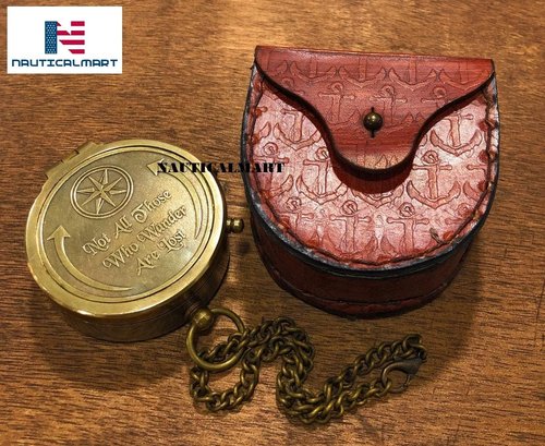 Engraved Brass Compass Gift Not All Those Who Wander are Lost Inspirational Travel Quote Compass with Leather Case for Loved Ones, Son, Father, Love, Partner, Spouse, Fiancé.