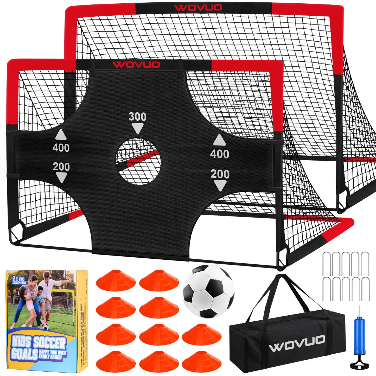 Kids Soccer Goals for Backyard Set of 2, 6x4 ft Portable Toddler Soccer Goal Training Equipment with Soccer Target, Ball, Cones, Soccer Net for Kids Age 3-5 6-8 8-12 10-12-14 Outdoor Sports Games Gift