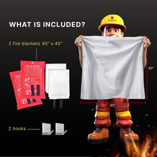 Emergency Fire Blanket 40" x 40" and Hooks - 2 Pack - Fire Suppression Blanket, Fiberglass - Flame Retardant for Kitchen, Home, and Office