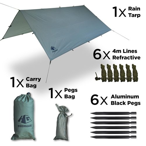 HIKERGEARS Camping Tarp 10x10 ft (3x3 m) Waterproof Lightweight Rain Fly - Backpacking, Hammock Shelter, Emergency Survival Tent, Durable, Compact All-Weather Cover