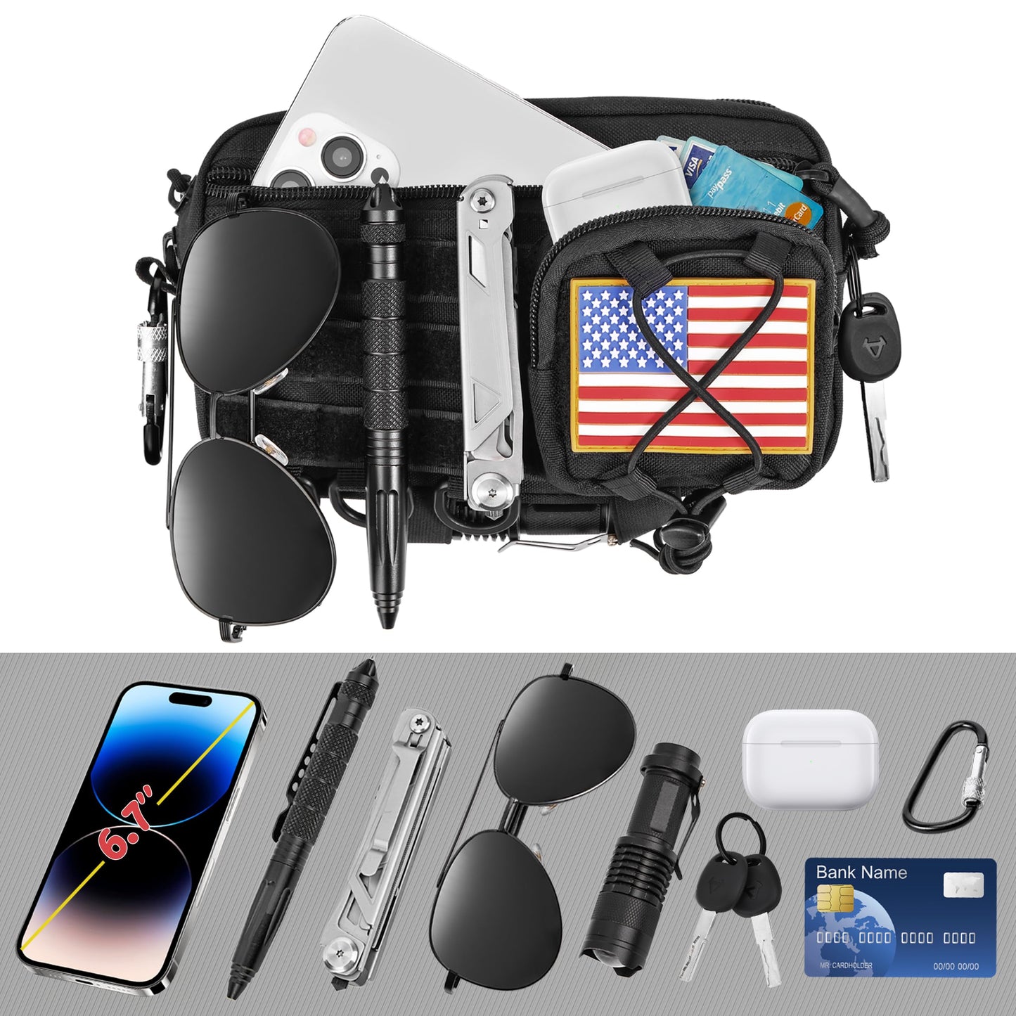 JIPIMON Tactical Molle Pouch, Water-Resistant Admin Pouch with US Flag Patch, Utility Molle Pouches for Tactical Vest Backpack (Black)