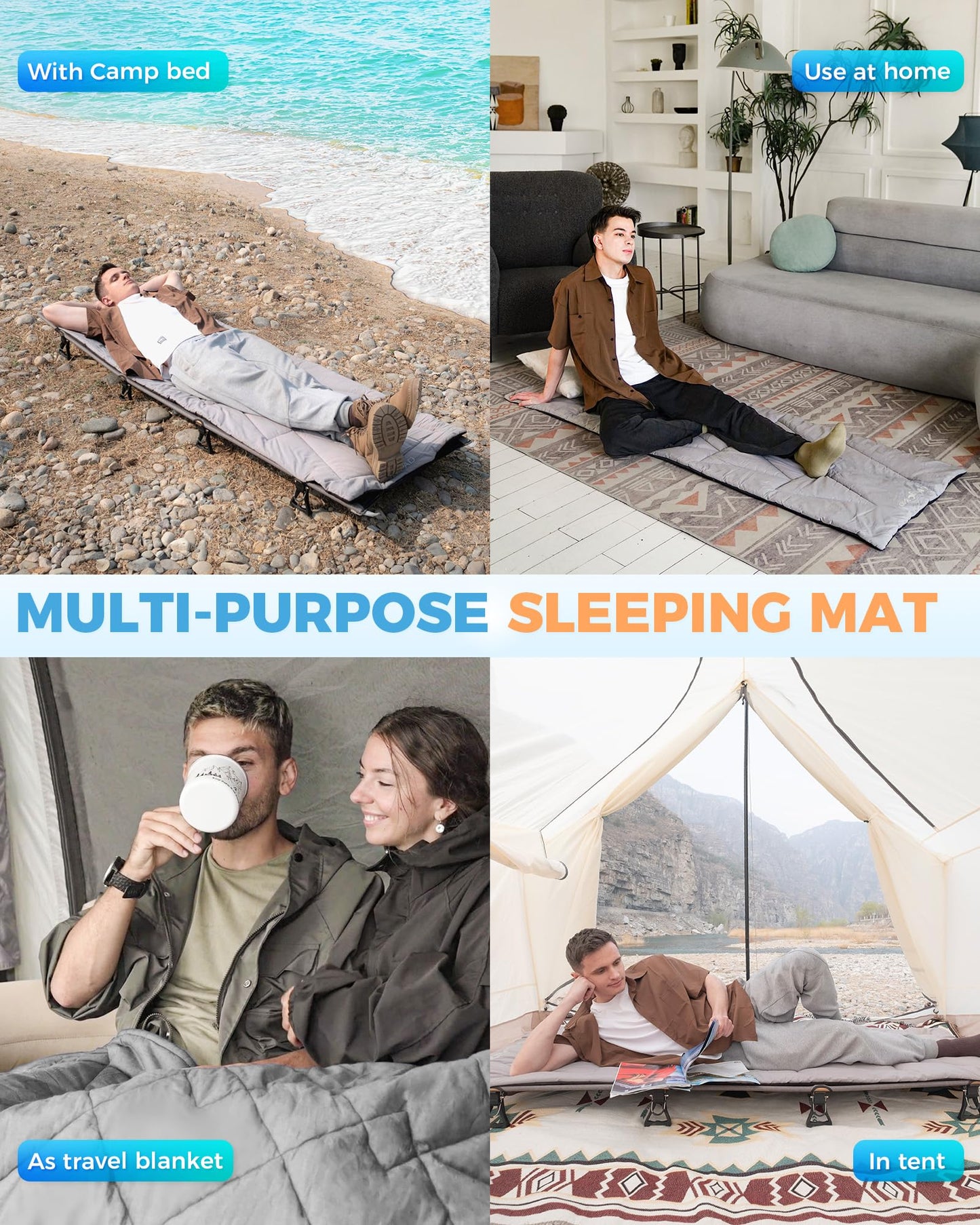 KingCamp Cot Pad for Camping, Comfortable Lightweight Mat, Puffy Soft Warm Non-Slip Cot Mattress Topper for Outdoor, Backpacking, 75"* 25", Grey