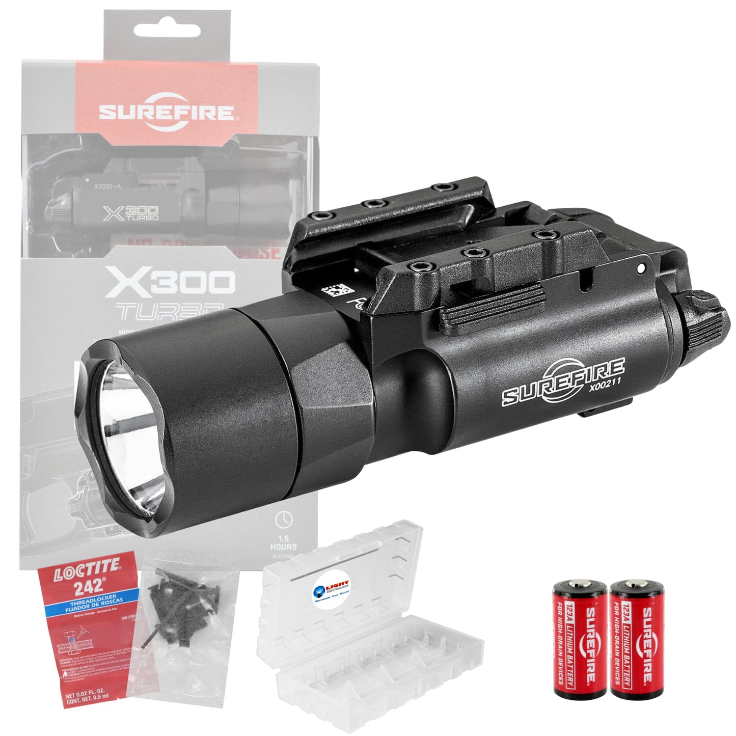 SureFire X300T-A Turbo Black Weapon Light High Output LED Bundle (650 Lumens) - Two 123A Batteries and Battery Box - X300 Turbo Light A Pistol Light for Defense, Easy Switch Mount System