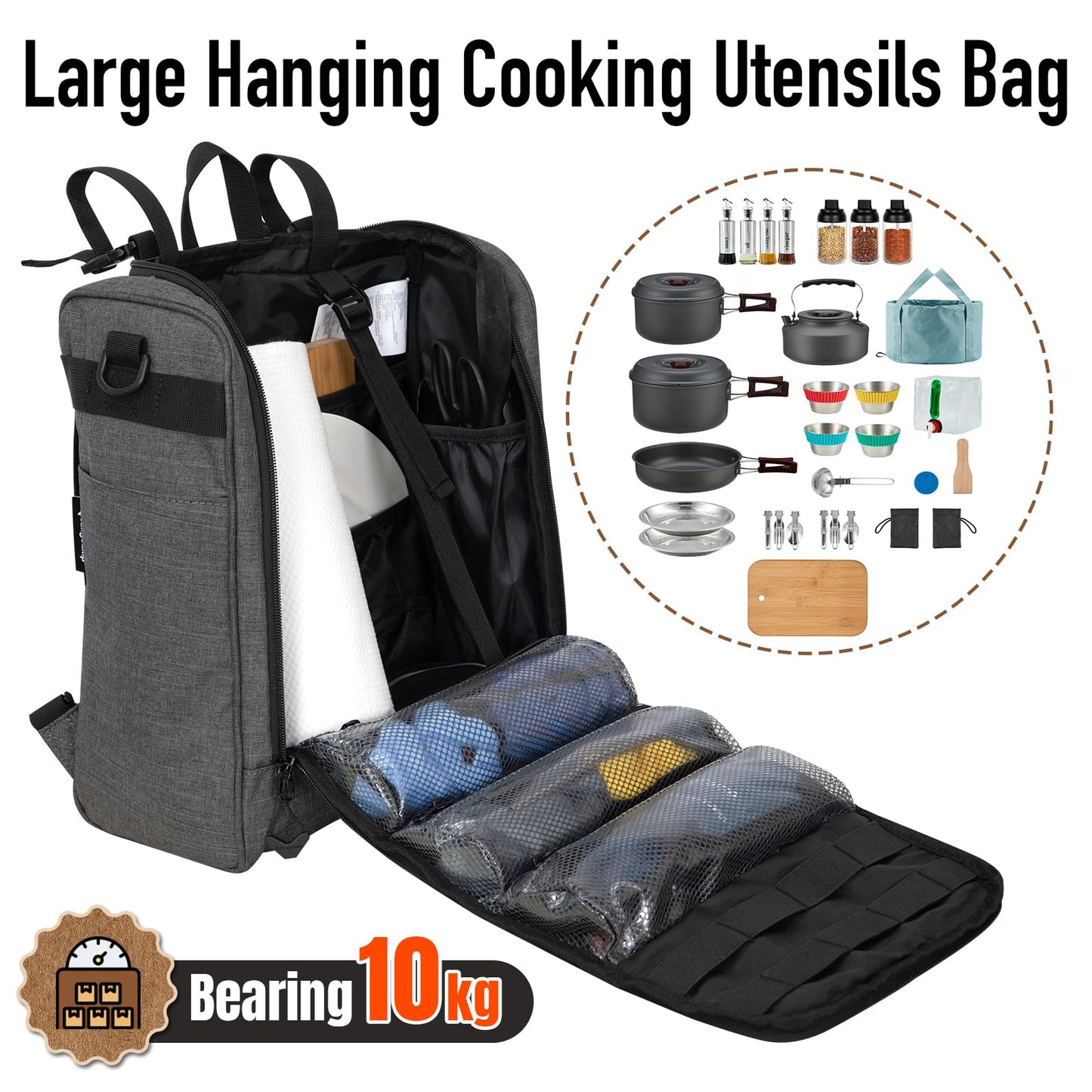 KingCamp Oversized Camping Kitchen Organizer, Ultralight Hanging Cooking Utensils Bag Portable Storage Backpack with Paper Towel Holder & 3 Pockets for Outdoor BBQ Cooking (Bag Only)