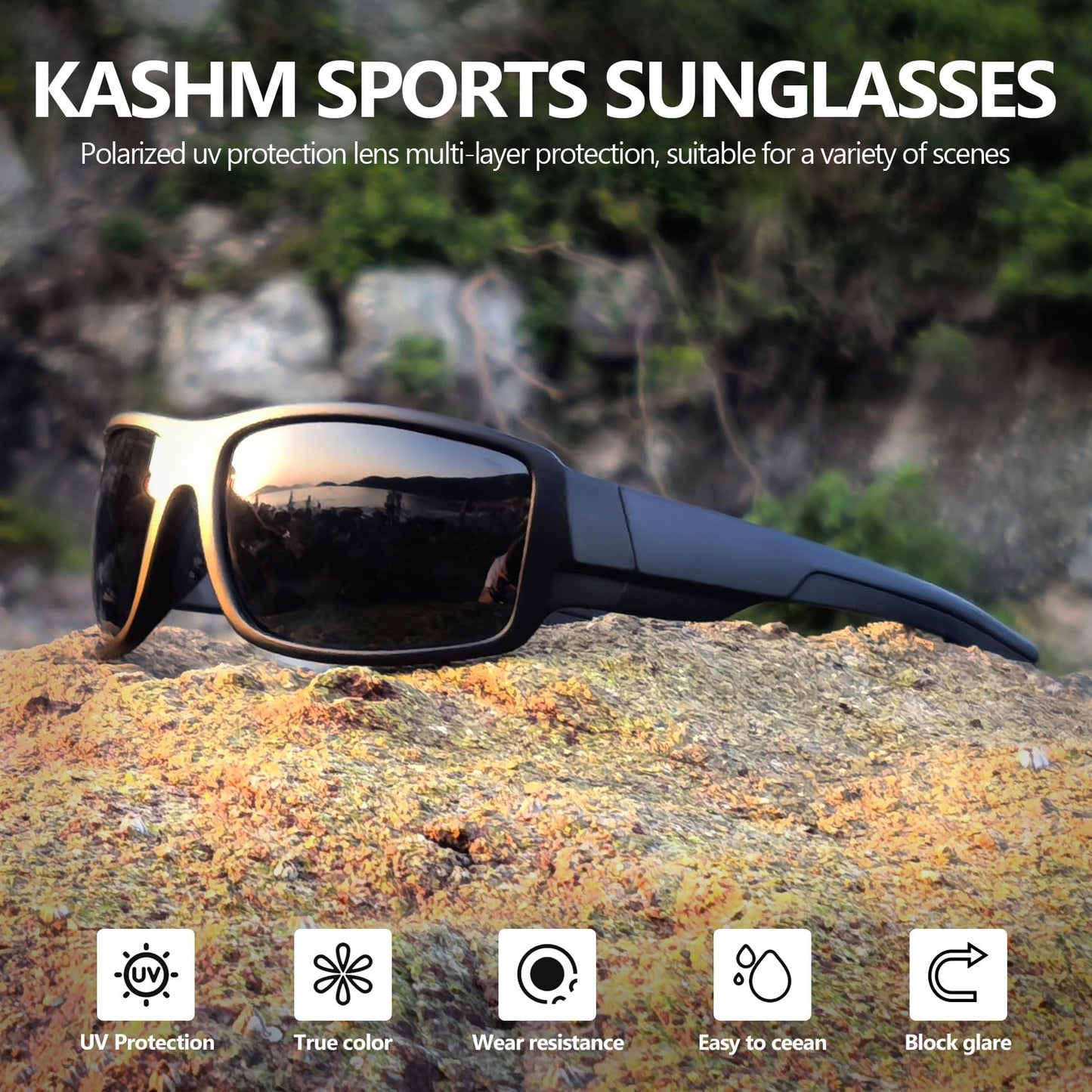 Kashm Polarized Sports Sunglasses for Men Women Unbreakable Driving Cycling Fishing Sun Glasses UV Protection Matte Black-Gray Lens