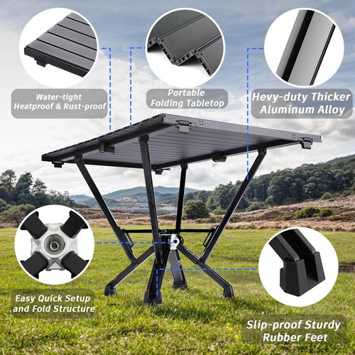 MTRVR Camping Table Folding, Small Camping Table with Load 380lbs, Portable Roll up Aluminum Foldable Table with Carry Bag for Outdoor, Picnic, Camping, Black
