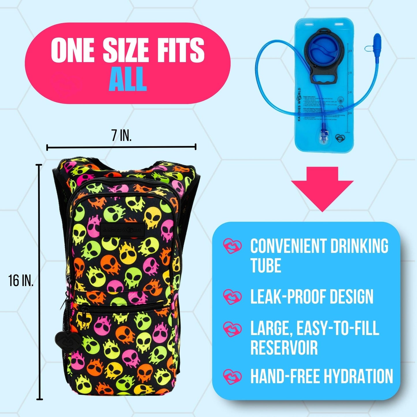 Kandies World Reflective Festival Hydration Pack - 2L Water Bladder for Raves, Hiking, Biking, Running, and More (Multi-Pocket Design) (Skull Alien)