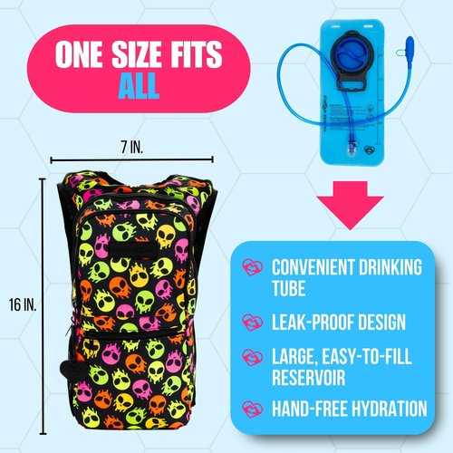 Kandies World Reflective Festival Hydration Pack - 2L Water Bladder for Raves, Hiking, Biking, Running, and More (Multi-Pocket Design) (Skull Alien)