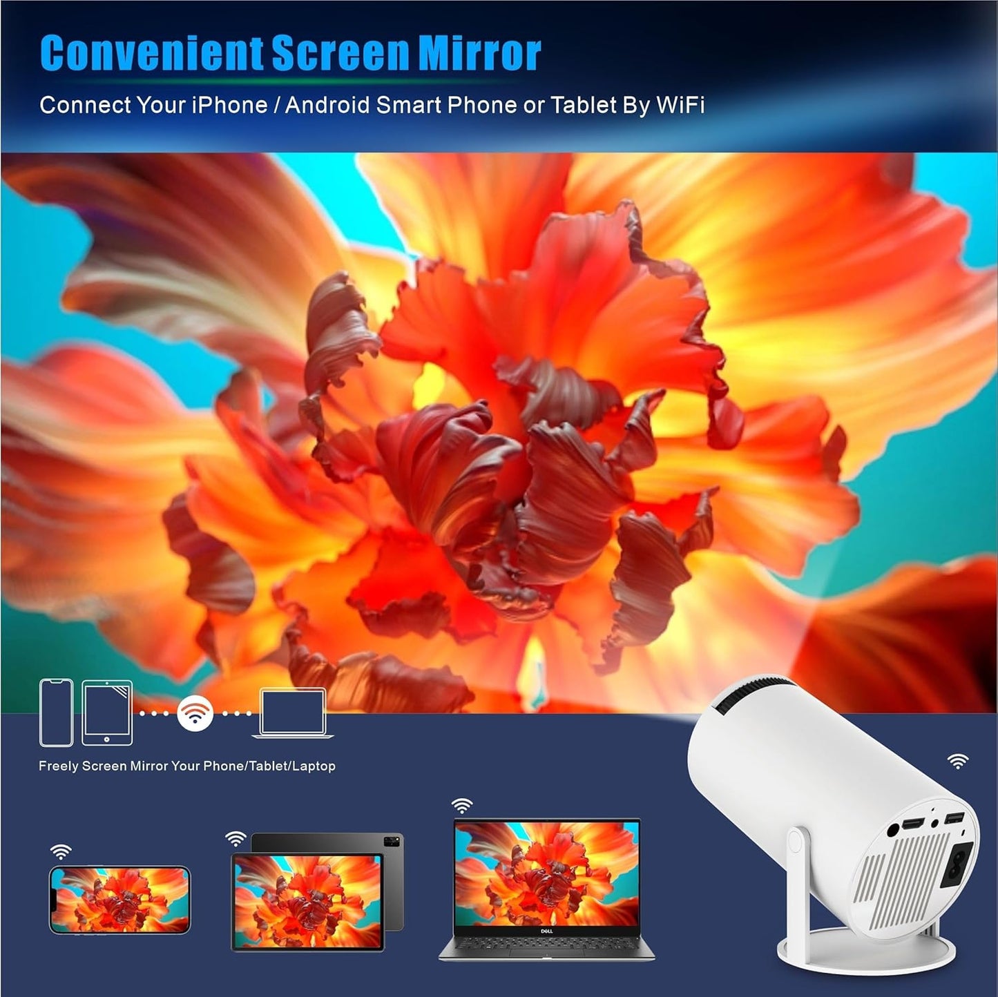 Mini Projector with WiFi and Bluetooth, Support 4K 1080P, 150 ANSI Portable Projector, Auto Keystone Correction, 40"-130" Screen Video Projector, Compatible with Smartphone,TV Stick,Laptop (HY300)