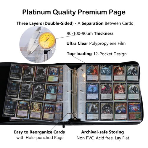 Rayvol Trading Card Binder, 12 Pocket Fit 1800 Cards - Metal D-Ring Card Holder with 75 Double-Sided Clear Pages, Top-Loading Collectors Album -Black