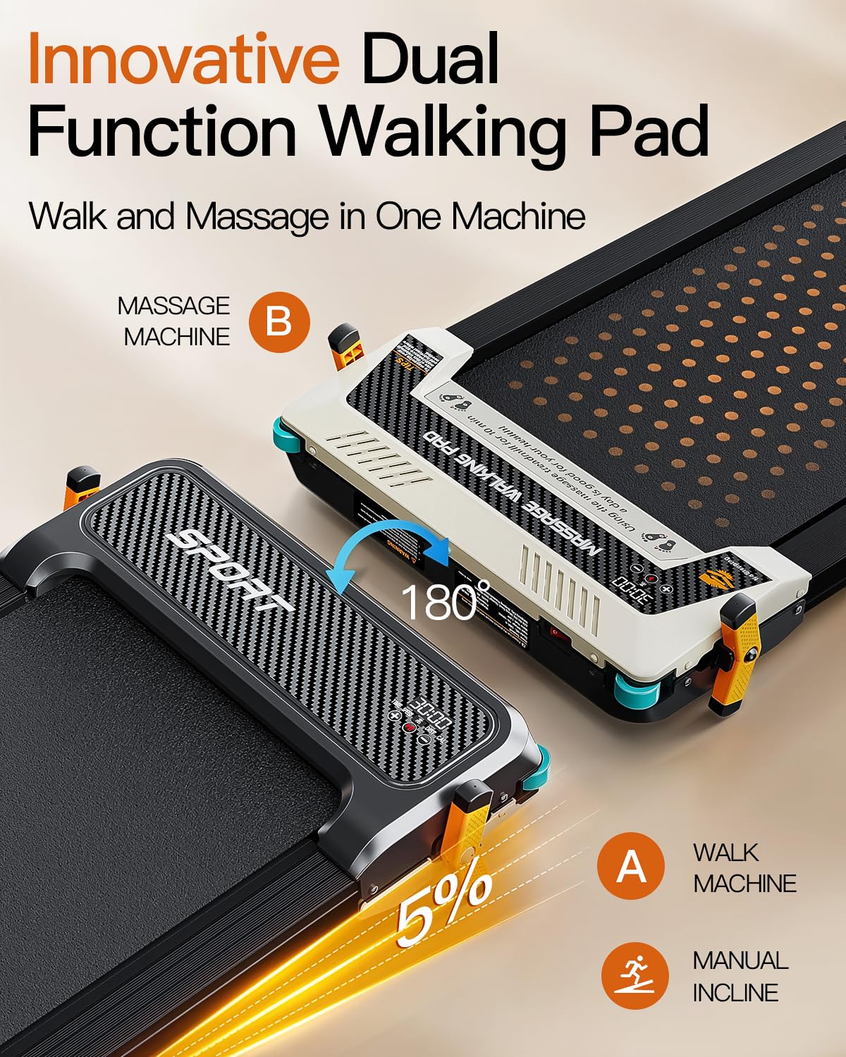 FUNRAY Versatile Walking Pad Treadmill with Incline - Dual-Sided Under Desk Treadmill with Foot Massage,2 in 1 Walking Pad for Home/Office, Portable Compact Treadmills with 330LBS Weight Capacity