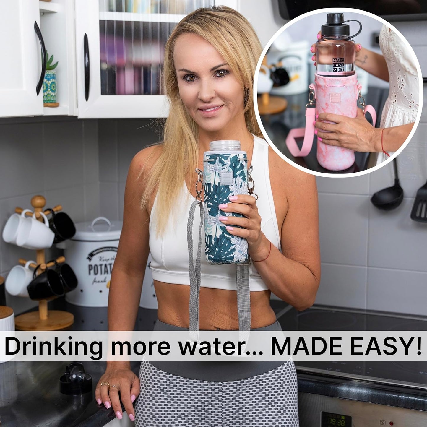 Insulated Neoprene Water Bottle Carrier | Adjustable Sling Pouch | Black, Large