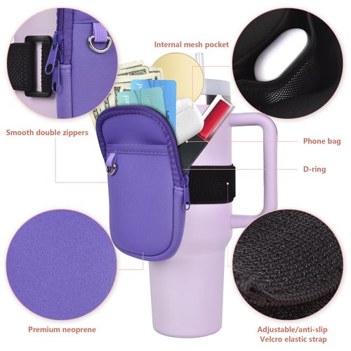 RUCHBA Neoprene Water Bottle Pouch Compatible with Stanley Tumbler Quencher Adventure IceFlow Compatible with Simple Modern with Handle 20oz 30oz 40oz, Gym Tumbler Cup Accessories Bag for Sports