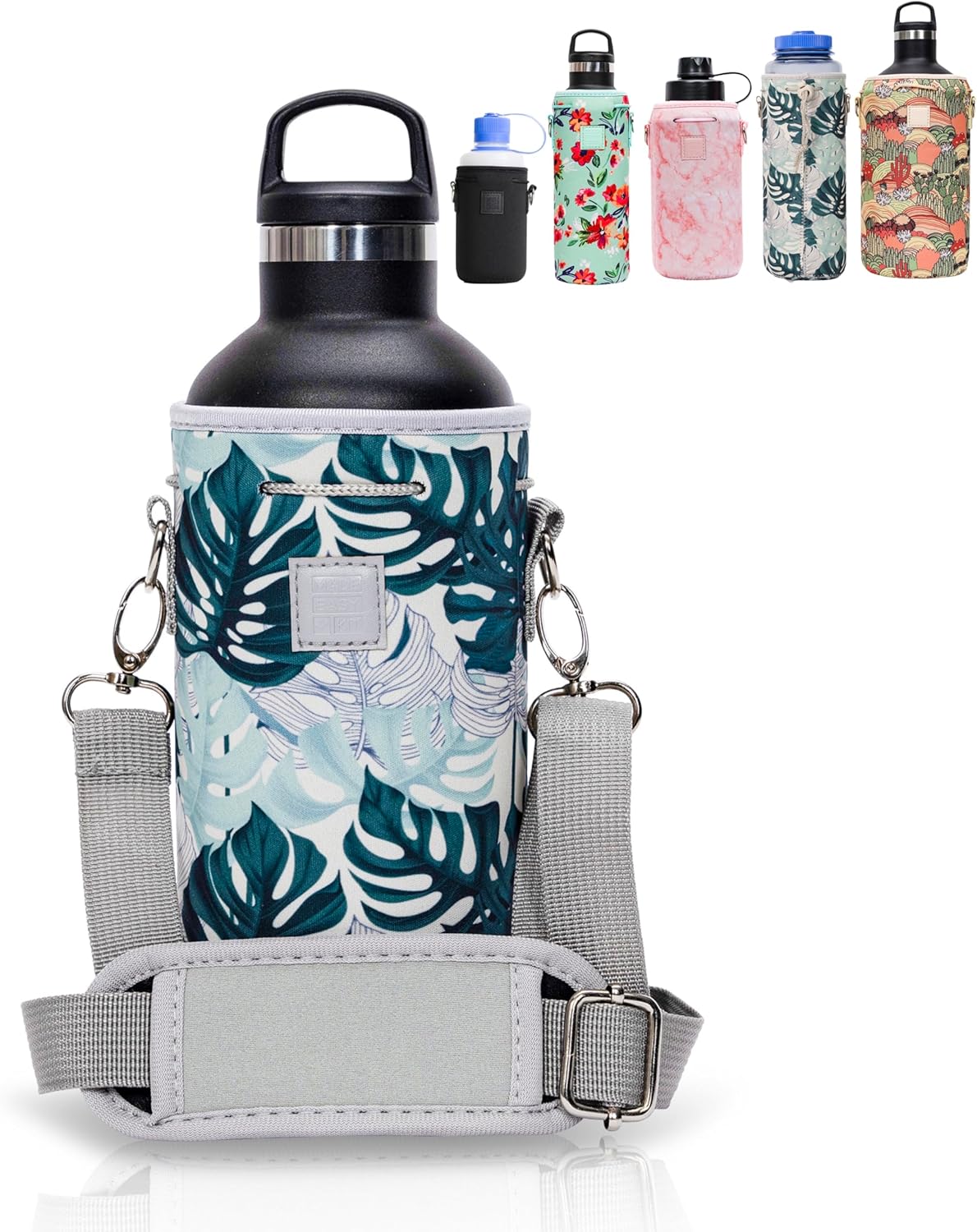 Insulated Neoprene Water Bottle Carrier | Adjustable Sling Pouch | Black, Large
