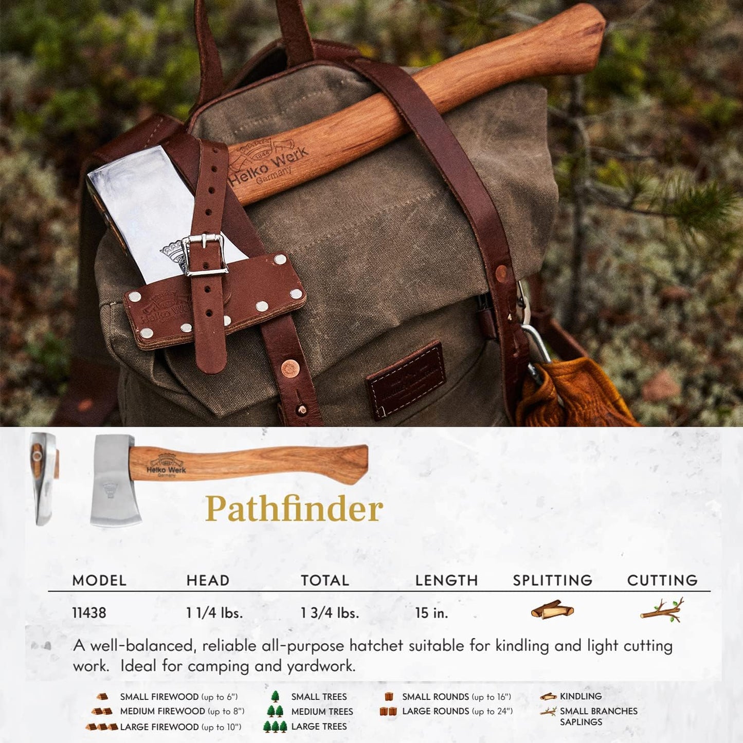 1844 Helko Werk Germany Classic Journeyman Pack Axe - Made in Germany Lightweight and Compact Backpacking Axe and Bushcraft Axe for Camping - Head 1.5 lbs, Handle 20 in. (Journeyman) #11441