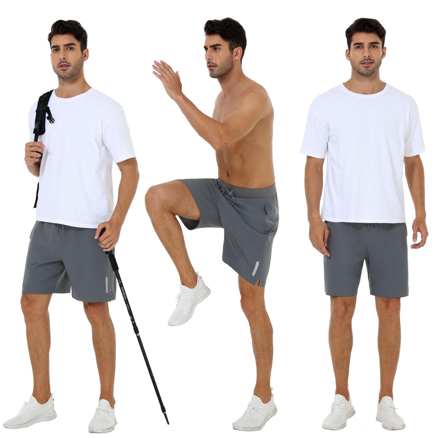 JIM LEAGUE Mens Running Athletic Shorts 7'' Quick Dry Lightweight 3 Zipper Pockets Workout Casual Gym Elastic Waistbad Grey