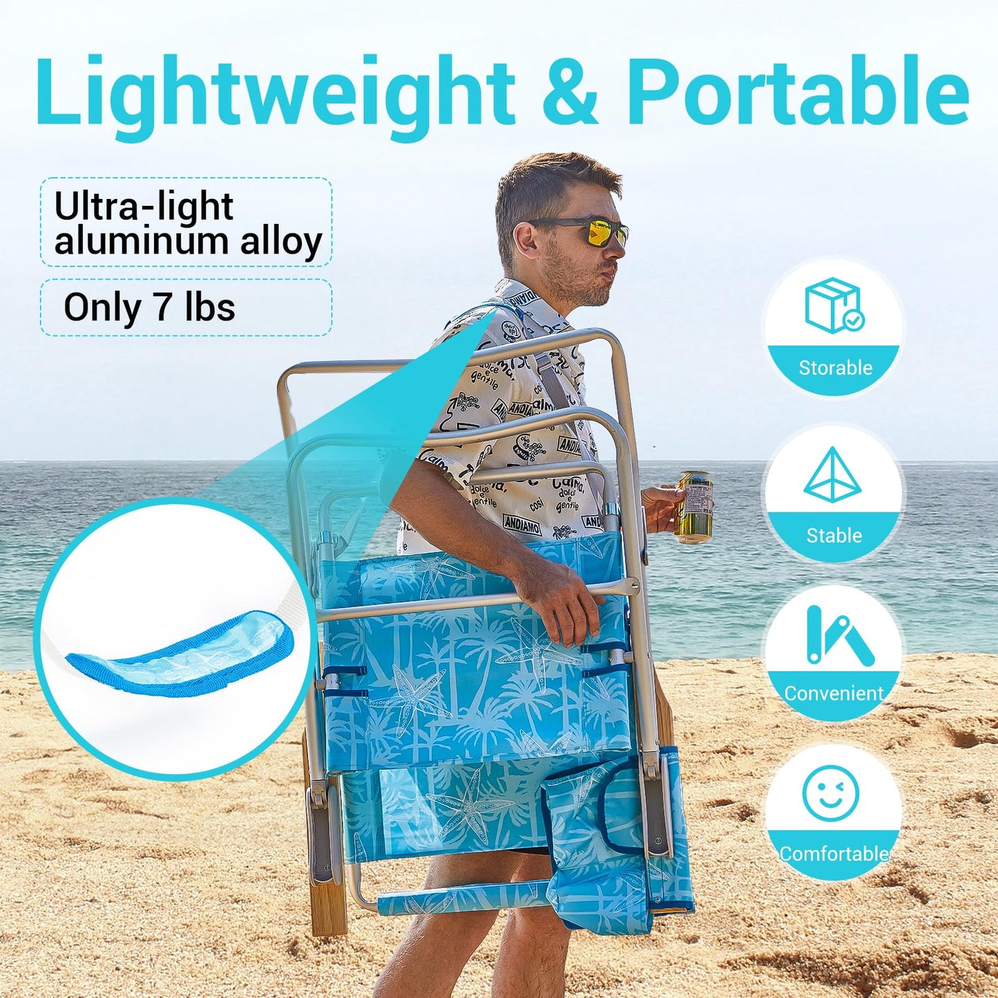#WEJOY High Back Beach Chair, 4 Position Adjustable Heavy Duty Aluminum Folding Backpack Camping Chairs with Wooden Armrest, Storage Bag & Cup Holders for Outdoor Travel Fishing (Blue White)