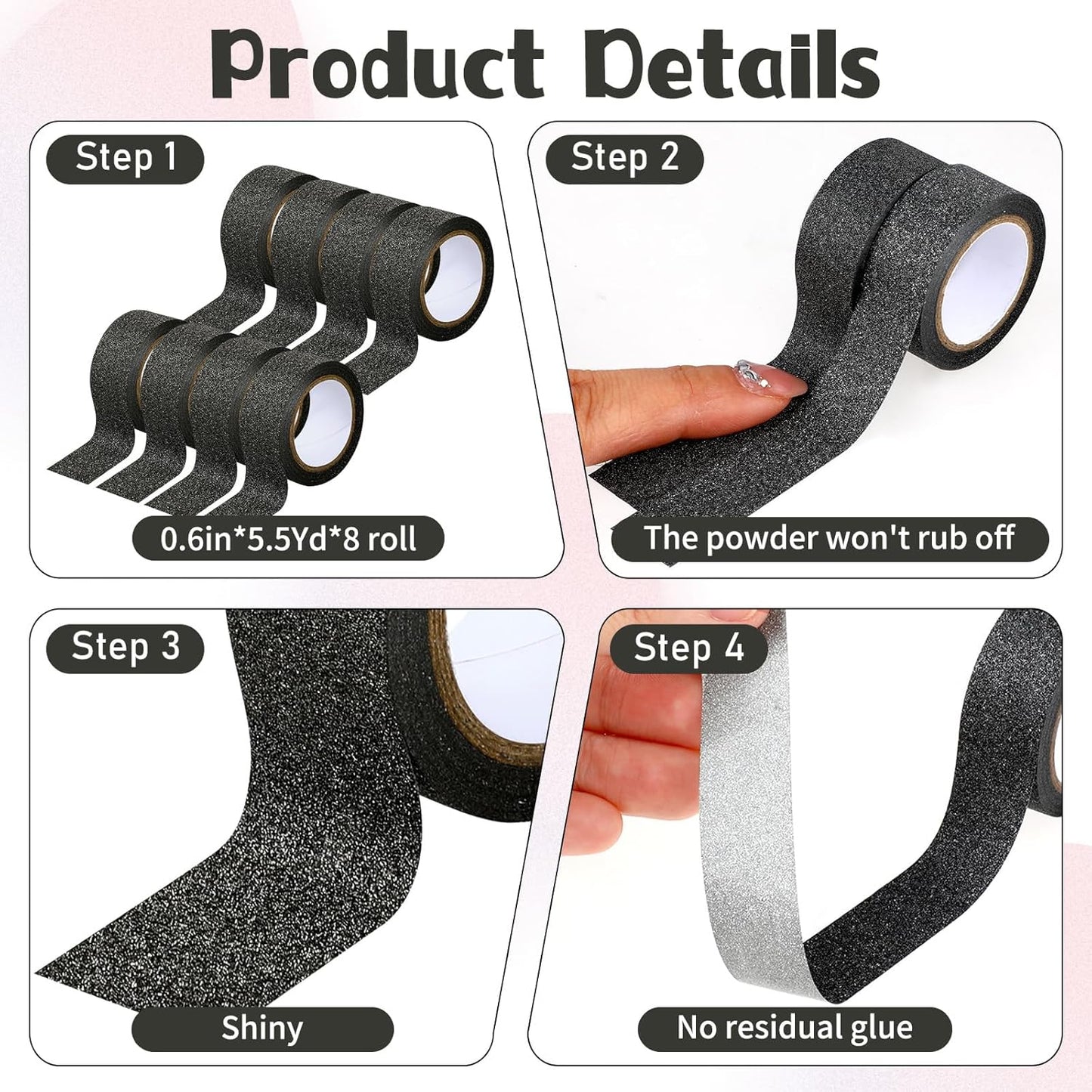 8 Rolls Black glitter washi tape, black washi tape Crafting Glitter Border Masking Tapes Painters Adhesive Tapes for Assisting and Decorating Paintings, Holiday Gift Boxes, Scrapbooks Crafts, 0.6 Inch