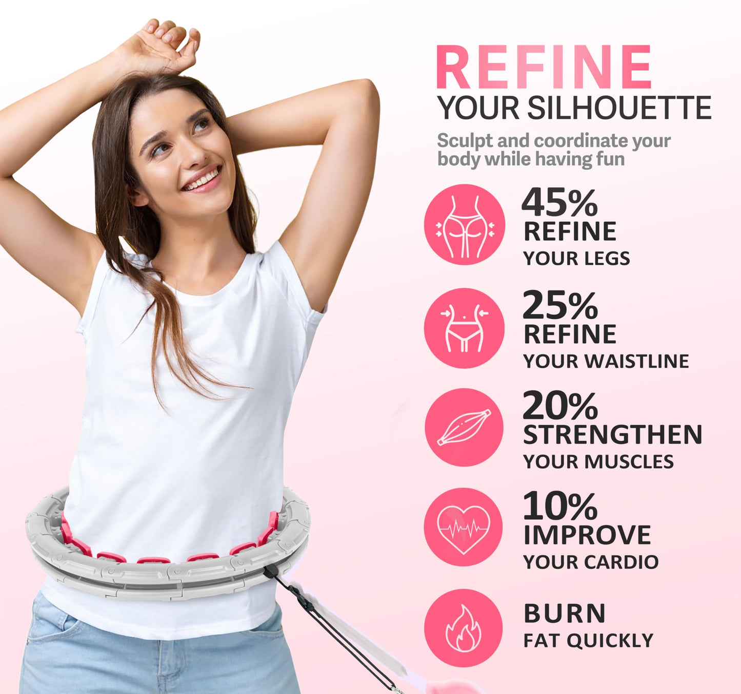 Experience Fitness Excellence with our Infinity Hoop plus Size – Weighted Hula Hoop for Weight Loss – hula hoop exercise ring with ABS and quality wheels – For all the sizes and levels (Gray and Pink)