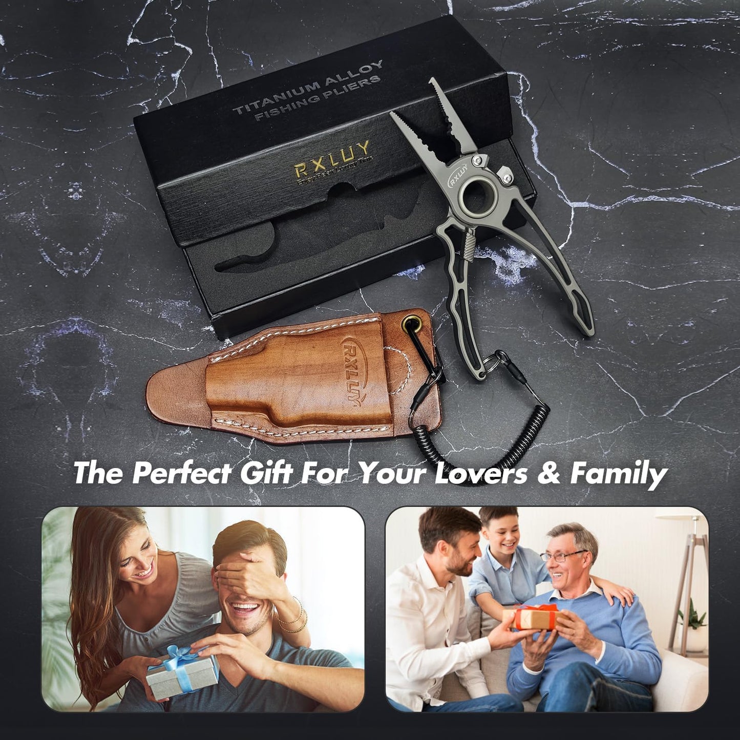 RXLUY Titanium Fishing Pliers, Premium Saltwater Fishing Gear, Tungsten Cutters, Split Ring Hook Remover, Fish Plier Holster with Retractable Lanyard, Ice Sea Fishing Kit Gifts for Men (With Lock)