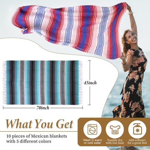 Preboun 10 Pieces Mexican Blanket Bulk Authentic Woven Yoga Blanket Large Picnic Camping Rug Colorful Striped Serape for Beach Outdoor Grass Car Home(Multi Color)