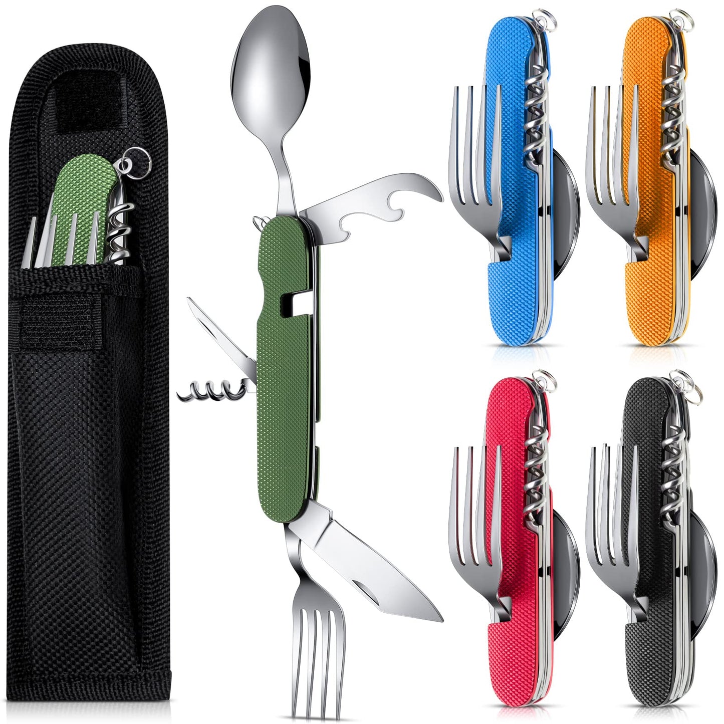 Tessco for you 5 Set 6 in 1 Camping Utensil, Portable Stainless Steel Multifunction Flatware Spoon Fork Knife Bottle Opener Combo Mess Kit with Carrying Pouch, Cutlery for Travel Backpacking Outdoor