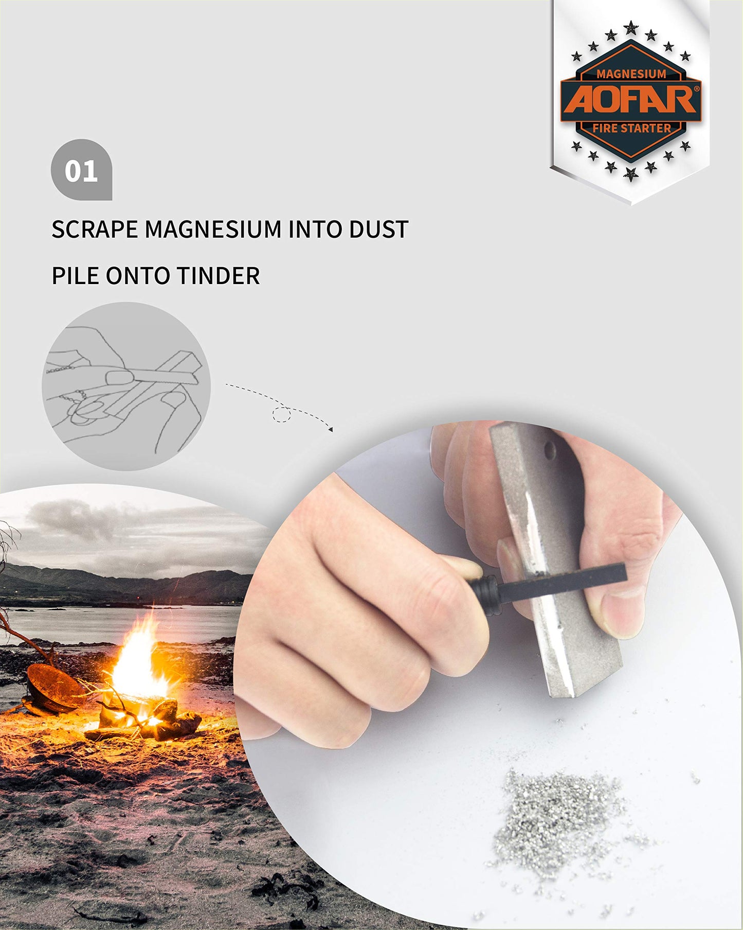 AOFAR Magnesium Fire Starter AF-374 (2-Pack) and Compass AF-5C for Camping, Hiking, Hunting, Backpacking