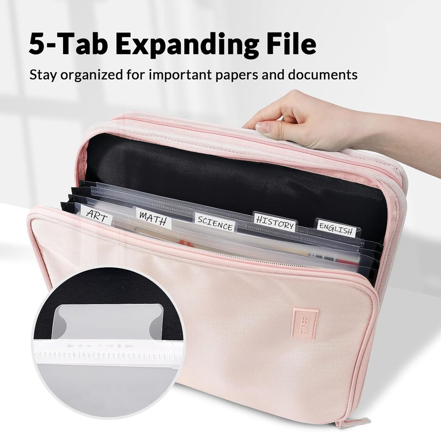 SUNEE Zippered Binder Bag with Handle, 2-Inch 3-Ring O-Ring, 500-Sheet Capacity, Includes Zip Pocket, 5-Tab Expanding File Folder, Multi-Pocket Organizer Binder for Middle School, Pink Lotus