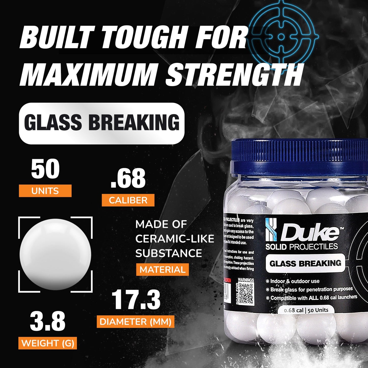 Duke Kinetic Projectiles - 68 Caliber Projectiles Self Defense Balls, Hard Plastic Balls Compatible, Non Lethal for Training - 50 Count