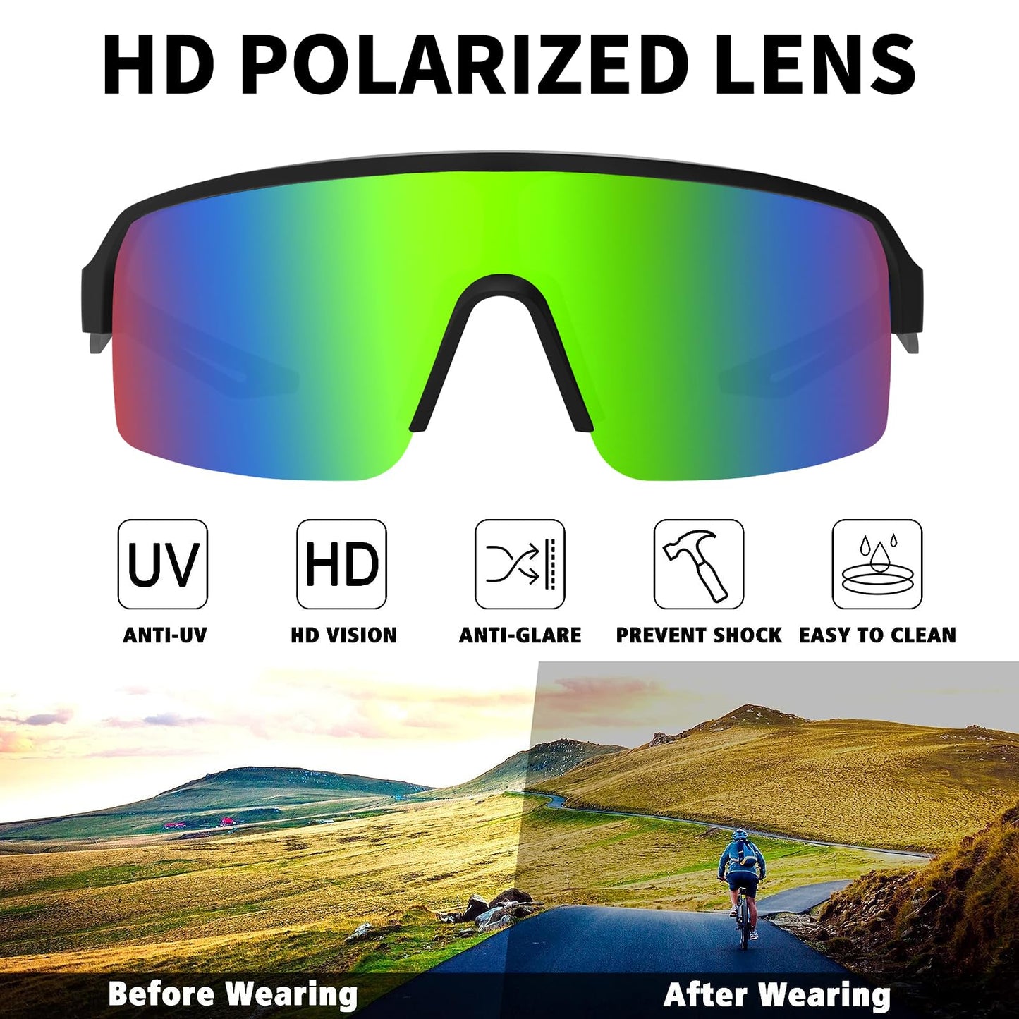 MAXJULI Polarized Sports Sunglasses for Men Women, Windproof Outdoor Cycling Running UV400 Protection Sun Glasses 8208 C3 Black+Green