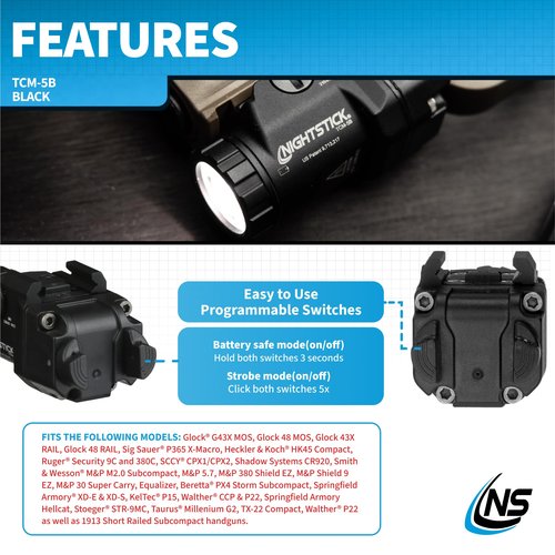 Nightstick TCM-5B Subcompact Handgun Light, Short/Narrow Rail Models - 1 CR123 - Black