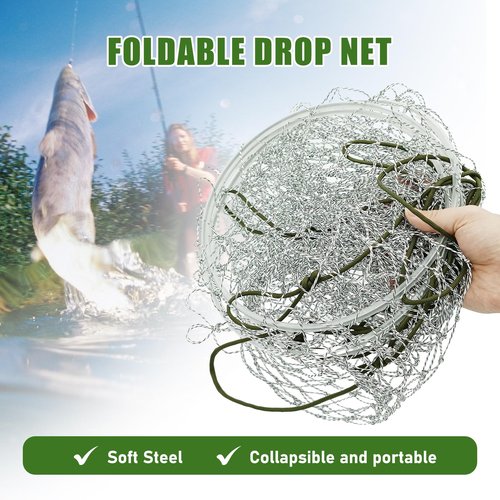 Portable Bridge and Pier Fishing Net with Rope Net, 32" Heavy-Duty Foldable Fishing Cast Nylon Mesh Drop Landing Net for Fishing Pier Crab