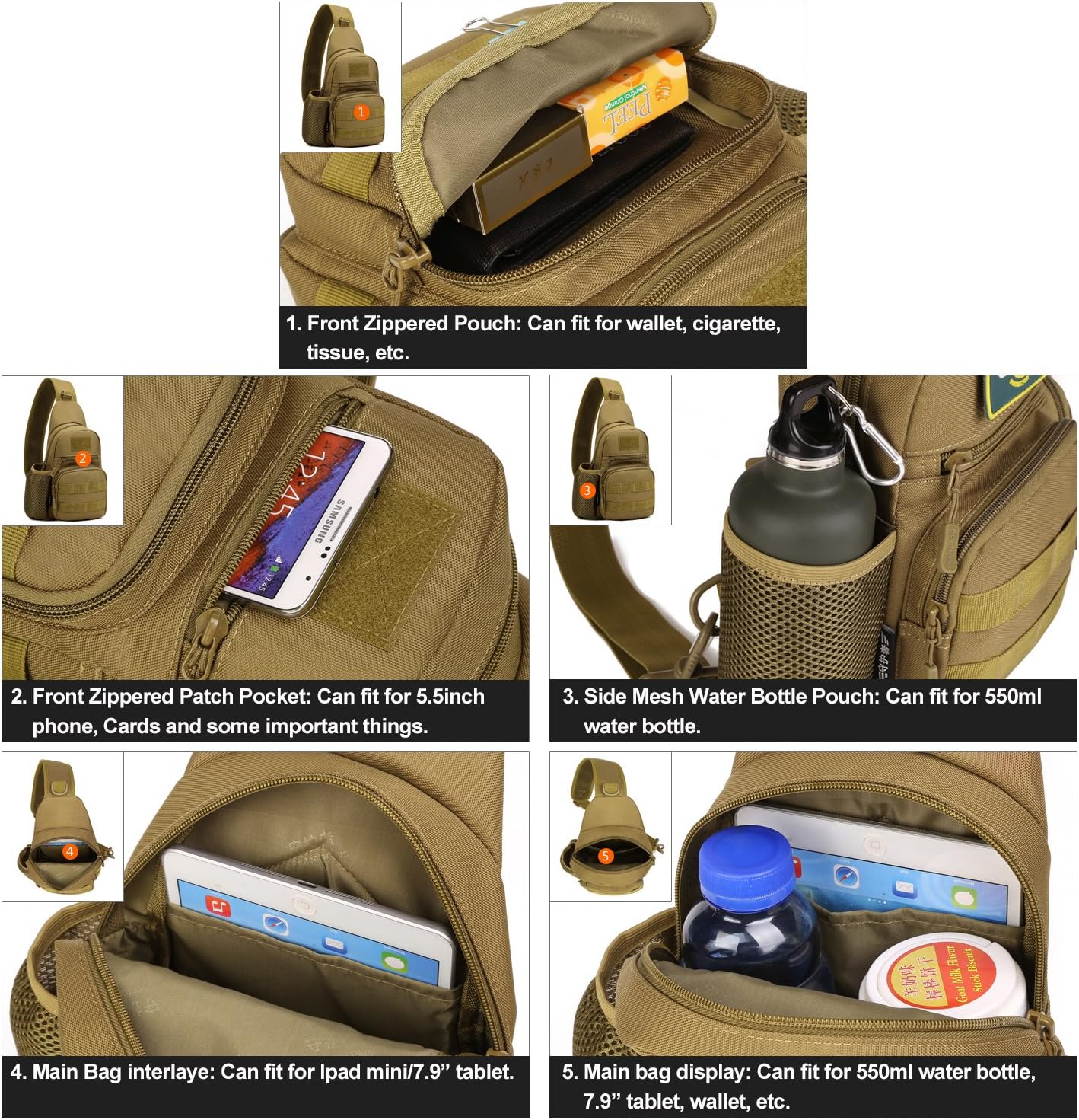 HUNTVP Small Tactical Sling Chest Pack Bag Molle Daypack Backpack Military Crossbody,Type1- ACU Camouflage