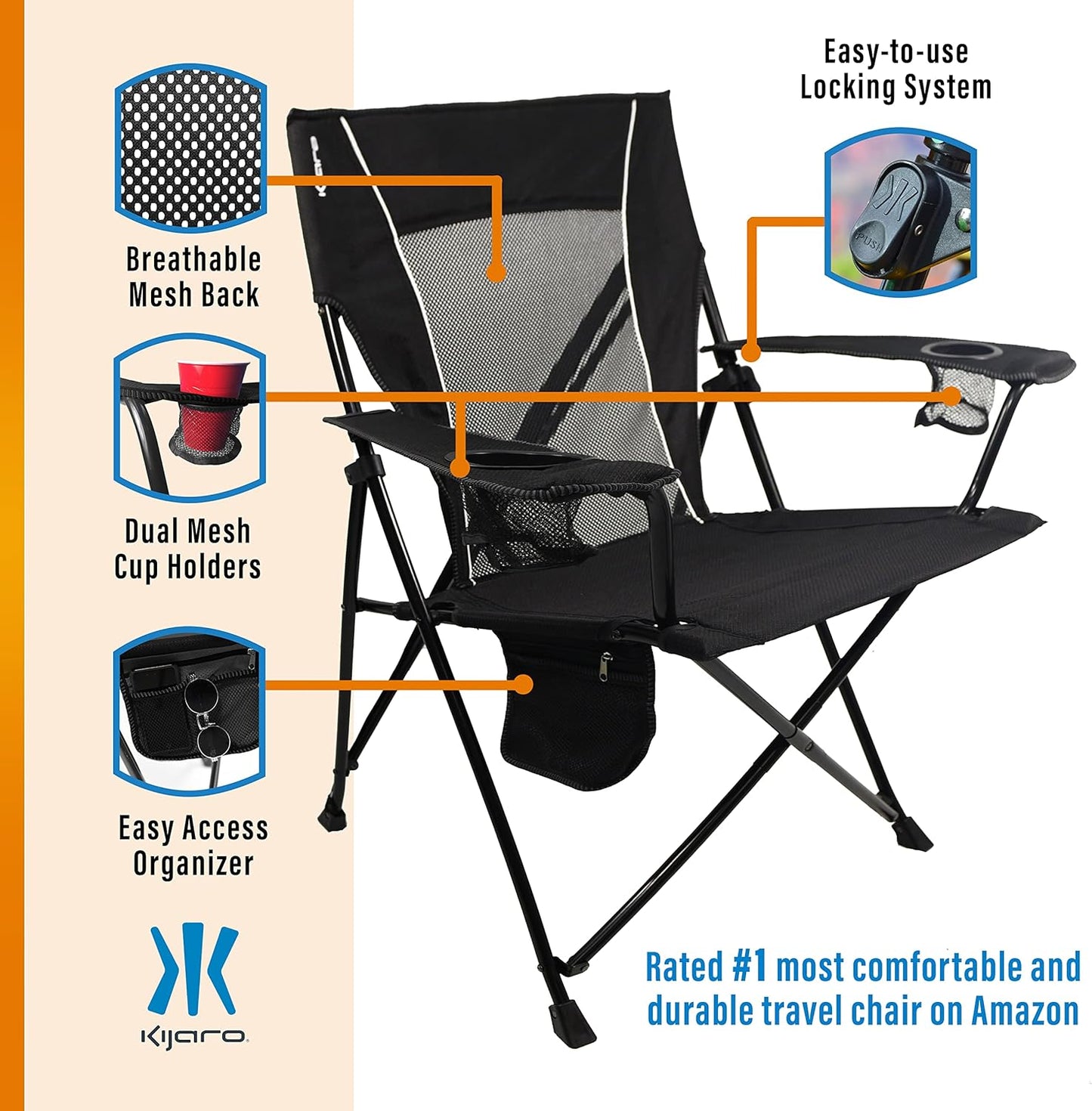 Kijaro Portable Camping Chairs - Enjoy the Outdoors with a Versatile Folding Sports Chair for Outdoor & Lawn - Dual Lock Feature Locks Position – Hallet Peak Gray