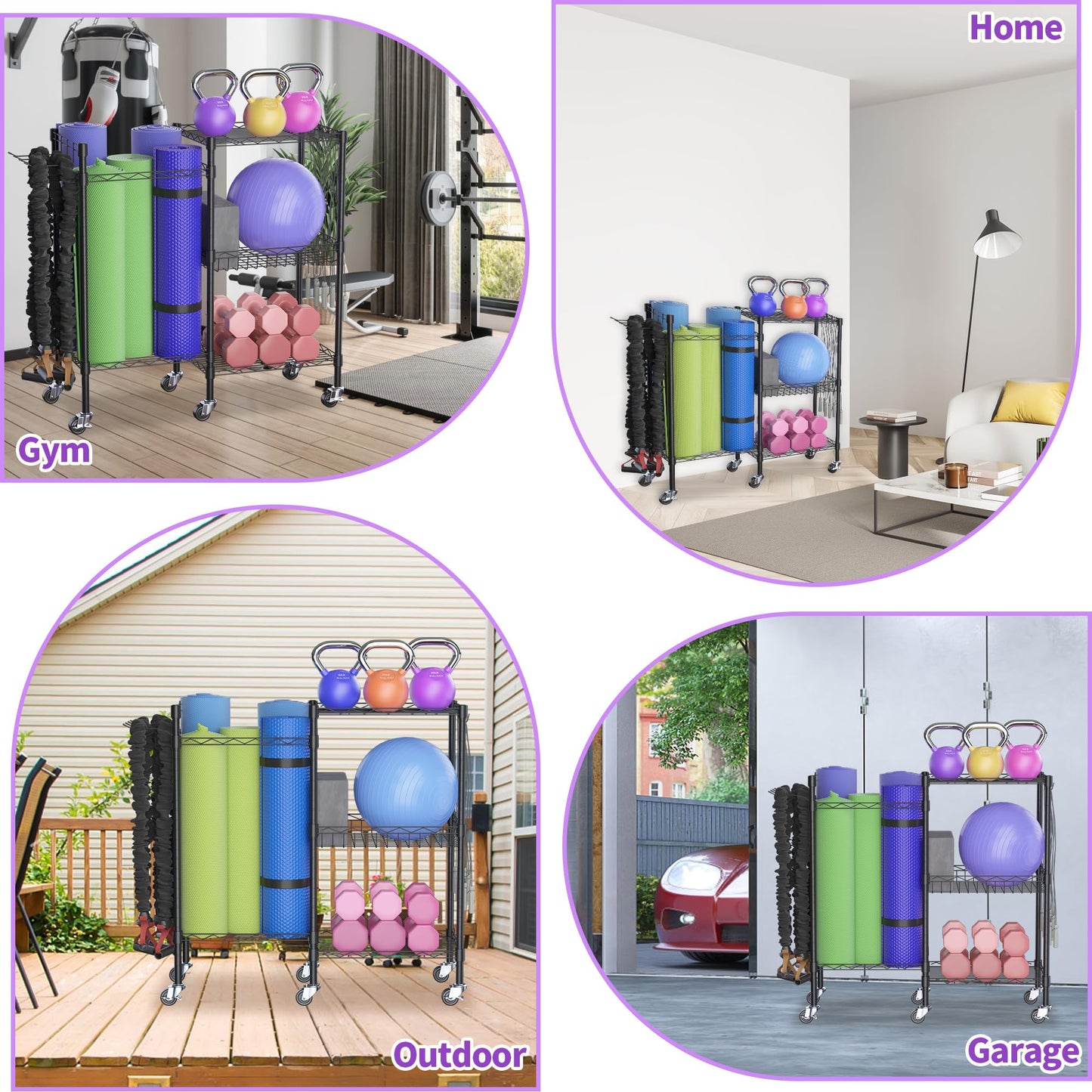 lesolar Rolling Yoga Mat Storage Rack, Yoga Storage Organizer for Home Gym Storage, 3 Tiers Gym Equipment Rack for Straps Dumbbells Kettlebells Foam Rollers Light Hand Weights Resistance Bands