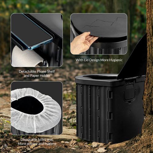 Portable Toilet, Upgraded 15'' Camping Toilet for Adults with Lid, Folding Toilet With Removable Paper Holder, Travel Portable Potty for Camping, Hiking, RoadTrip, Tent, Truck Drivers