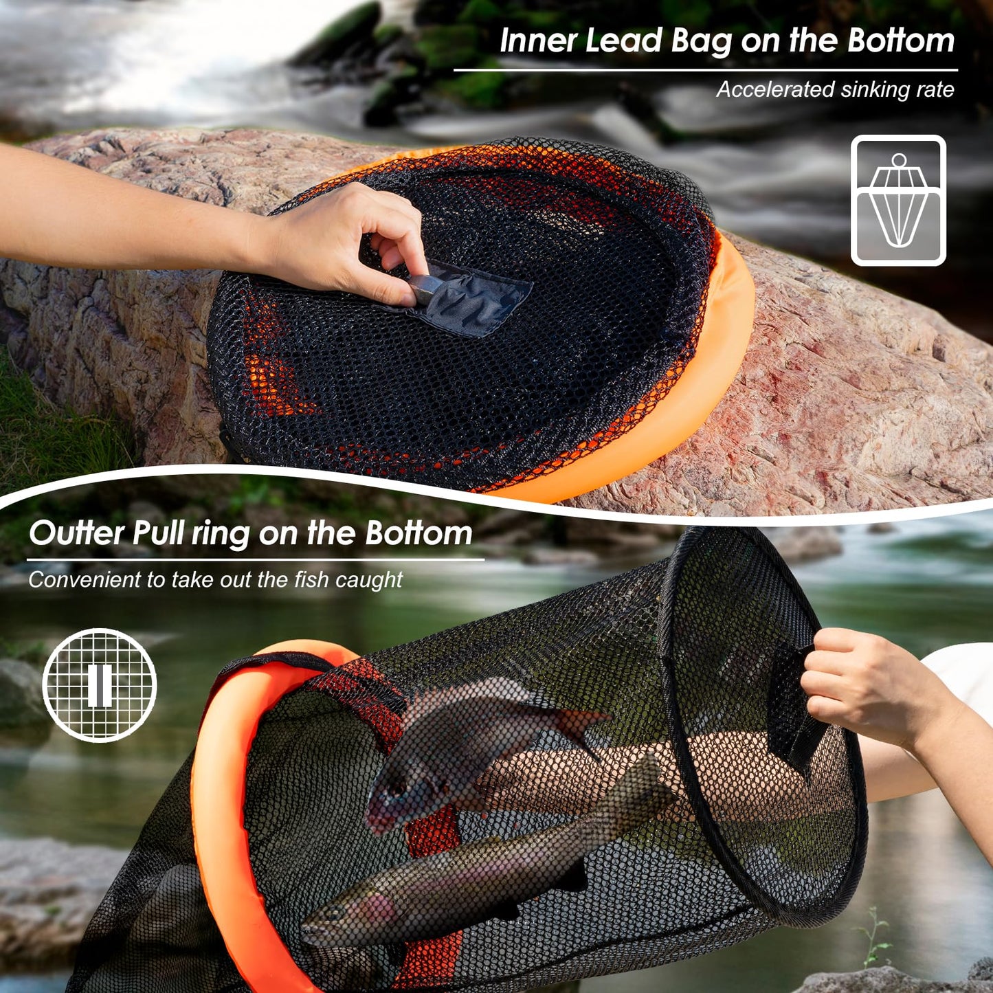 QualyQualy Floating Fish Basket for Live Caught, Foldable Fishing Holder Minnow Bucket Portable Collapsible Fishing Net Storage Cage for Live Fish Bait Live Well