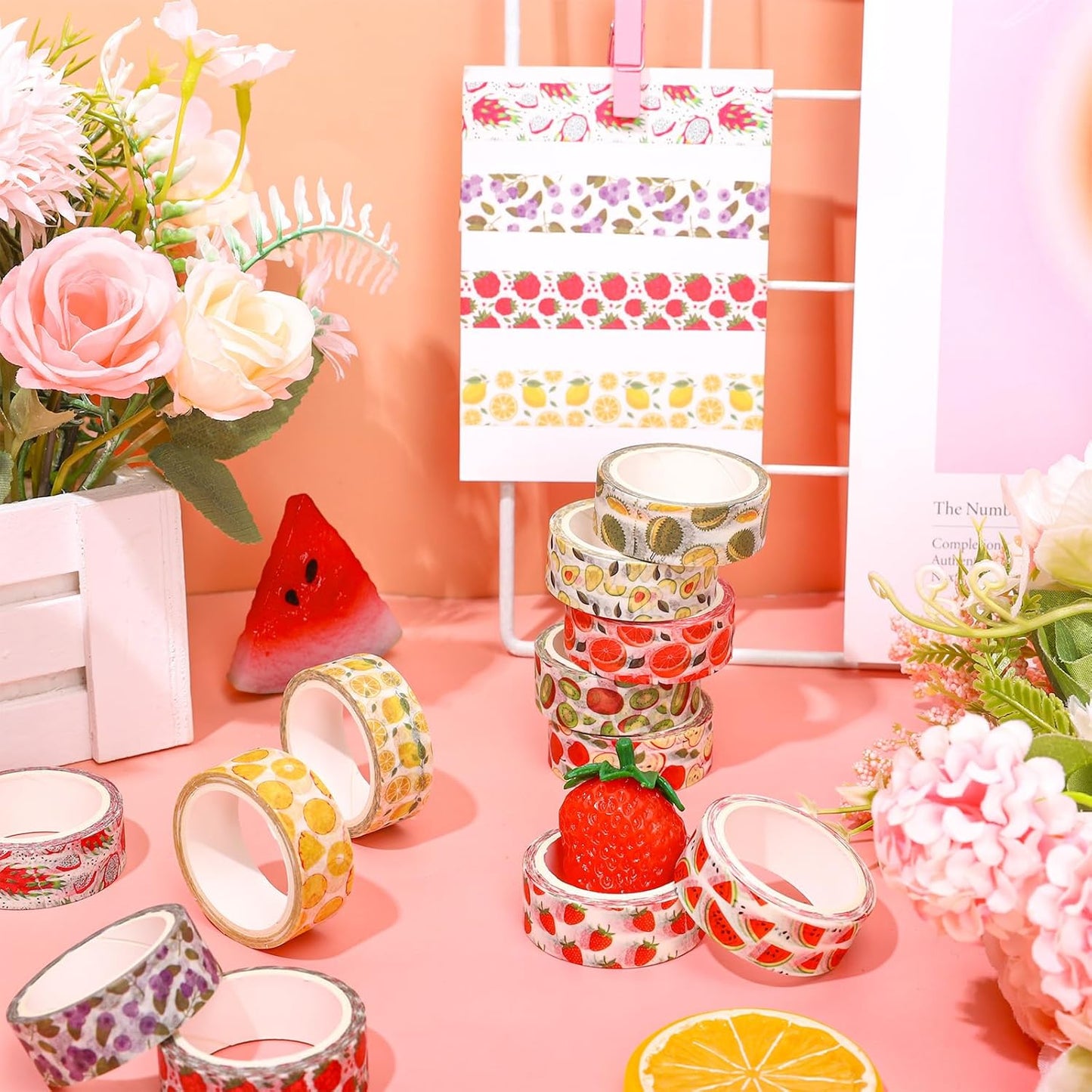 12 Rolls Strawberry Washi Tape Sweet Red Berry Decorative Masking Tape Set Summer Fruit Wrapping Paper Tapes for Scrapbook Journal DIY Art Crafts