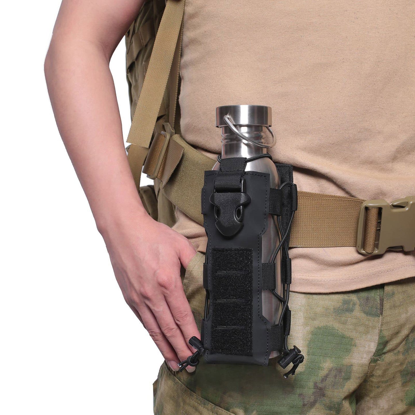 Tactical Molle Water Bottle Pouch, Adjustable Black Laser Cut Water Bottle Carrier Storage Bag for Backpack Belt, MOLLE Water Bottle Pouch Carrier, Tactical Water Bottle Holster