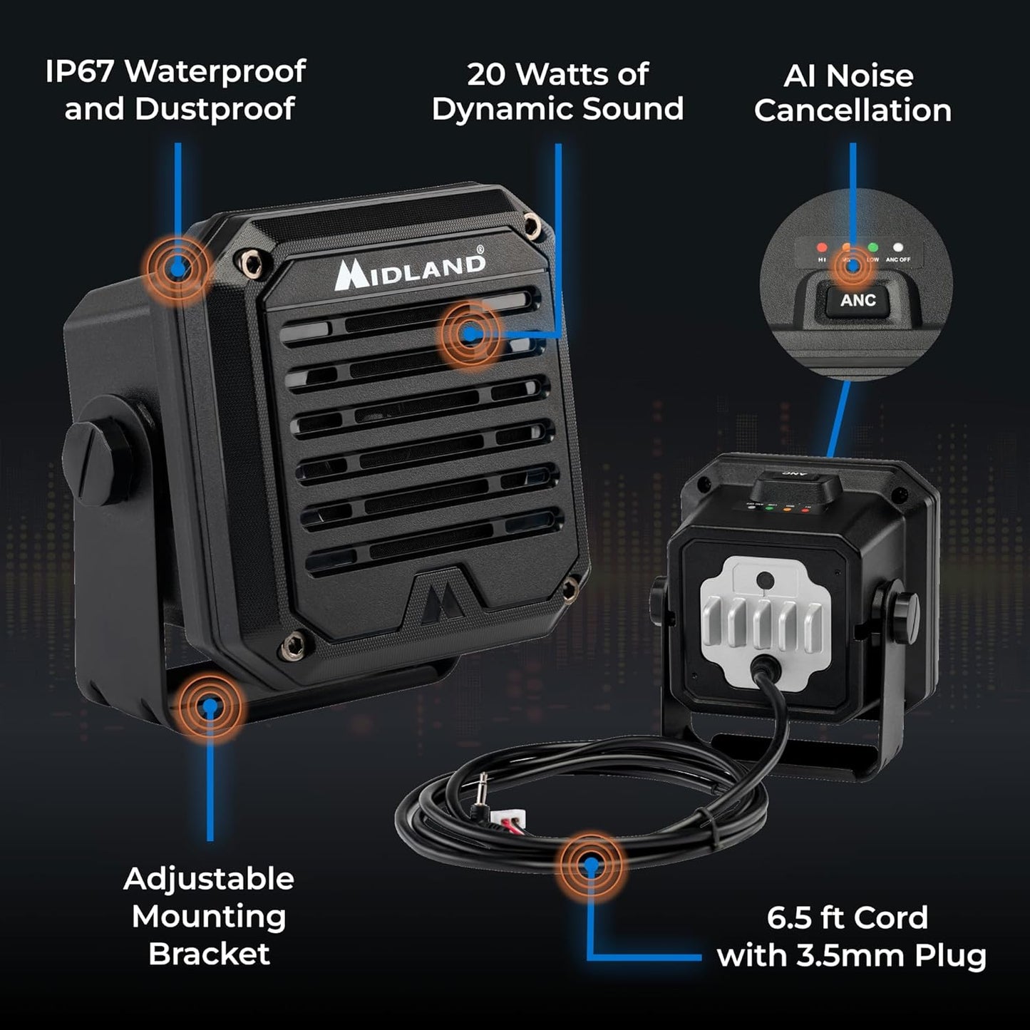 Midland - SPKMINI Mini External Speaker - Waterproof, 10 Watts, 3.5mm Plug - Compatible with All Mobile CB, GMRS, HAM and Amateur Radios