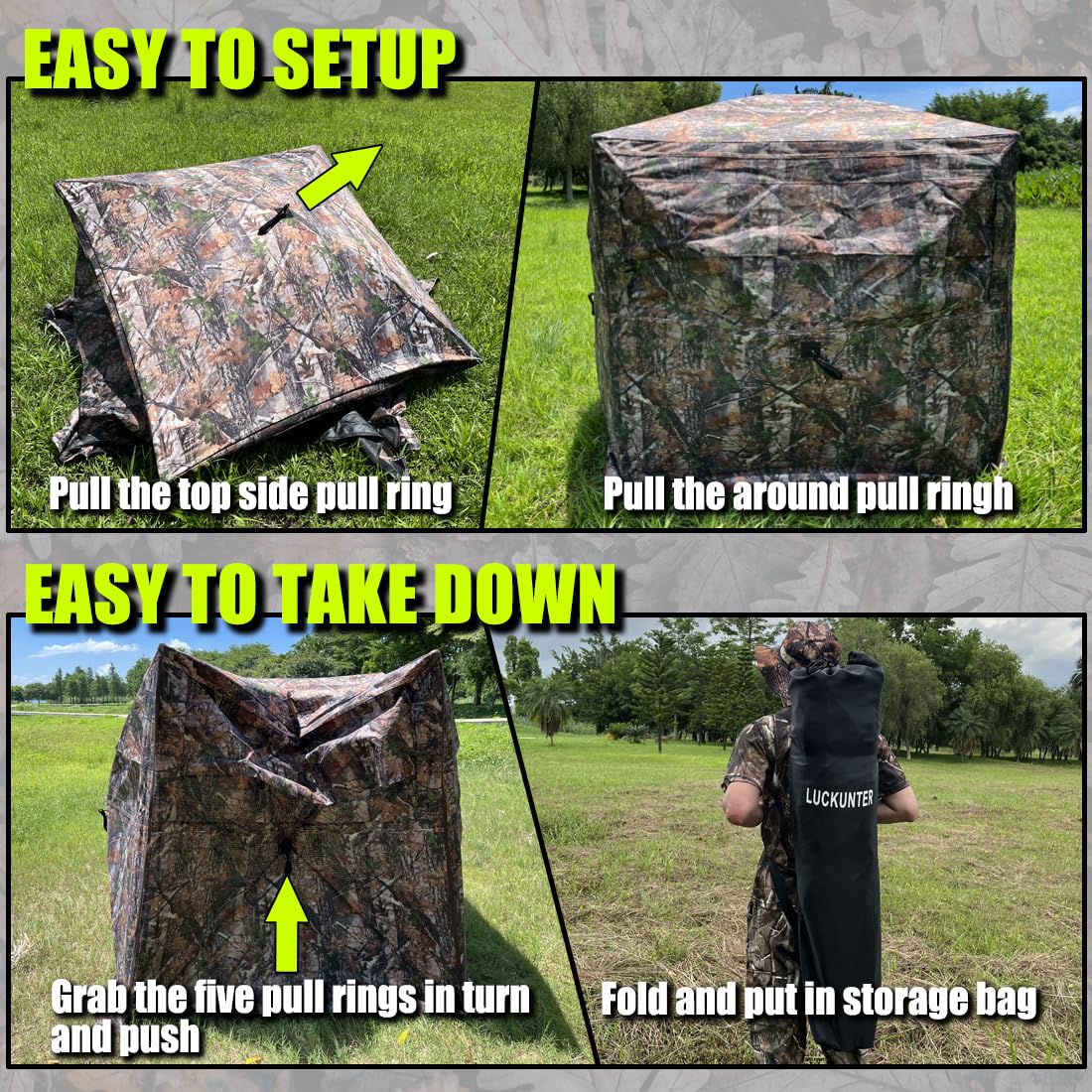 LUCKUNTER 360 Degree See Through Hunting Blind 2-3 Person Ground Camouflage Pop Up Hunting Blind for Turkey Deer Hunting (58X58X67)