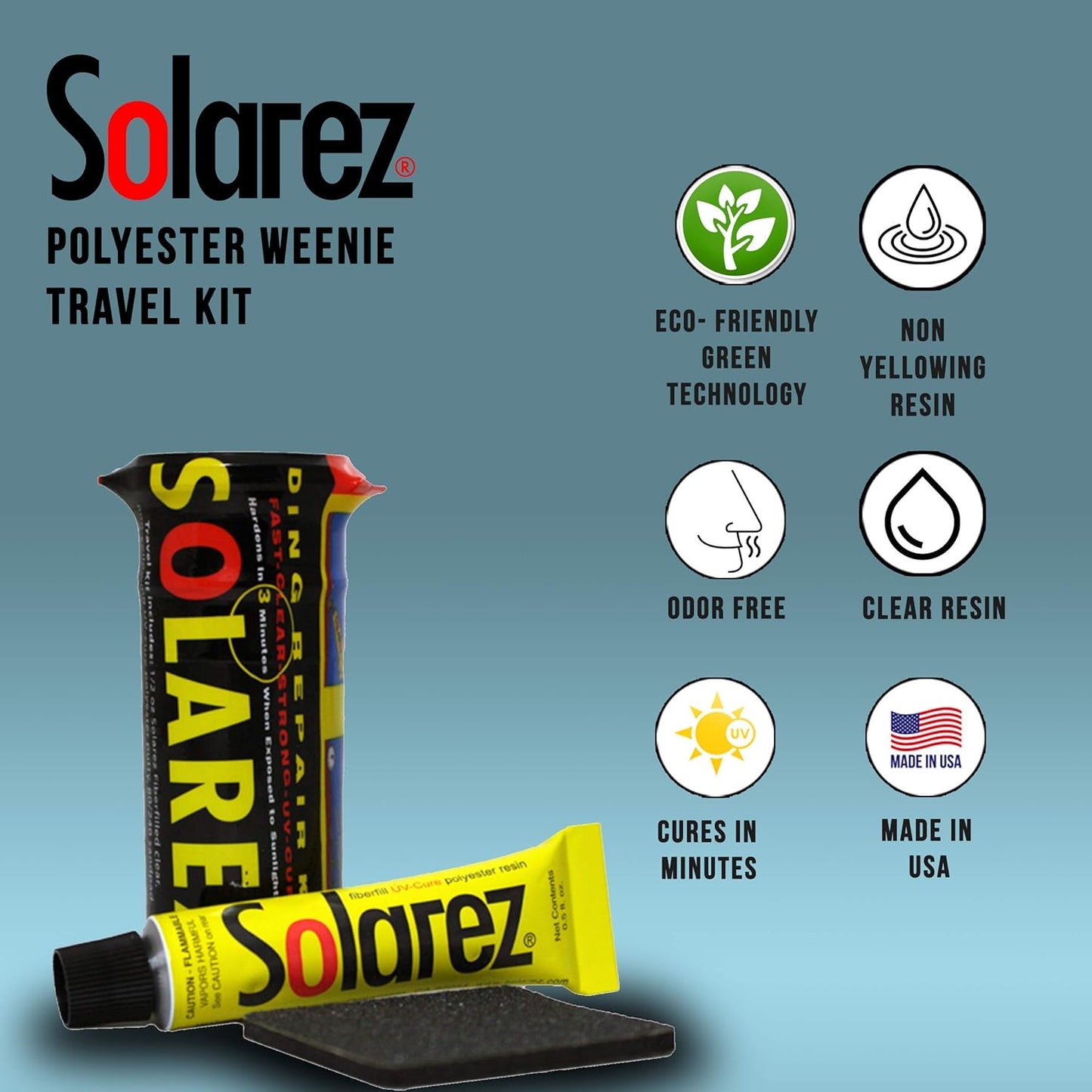 SOLAREZ UV Cure Polyester Weenie Travel Kit - Surfboard Repair Kit (0.5 Oz) Original Solar Cure Polyester Resin, Grit Sand Pad in a Watertight Capsule ~ High Strength, Non-Yellowing, Made in The USA