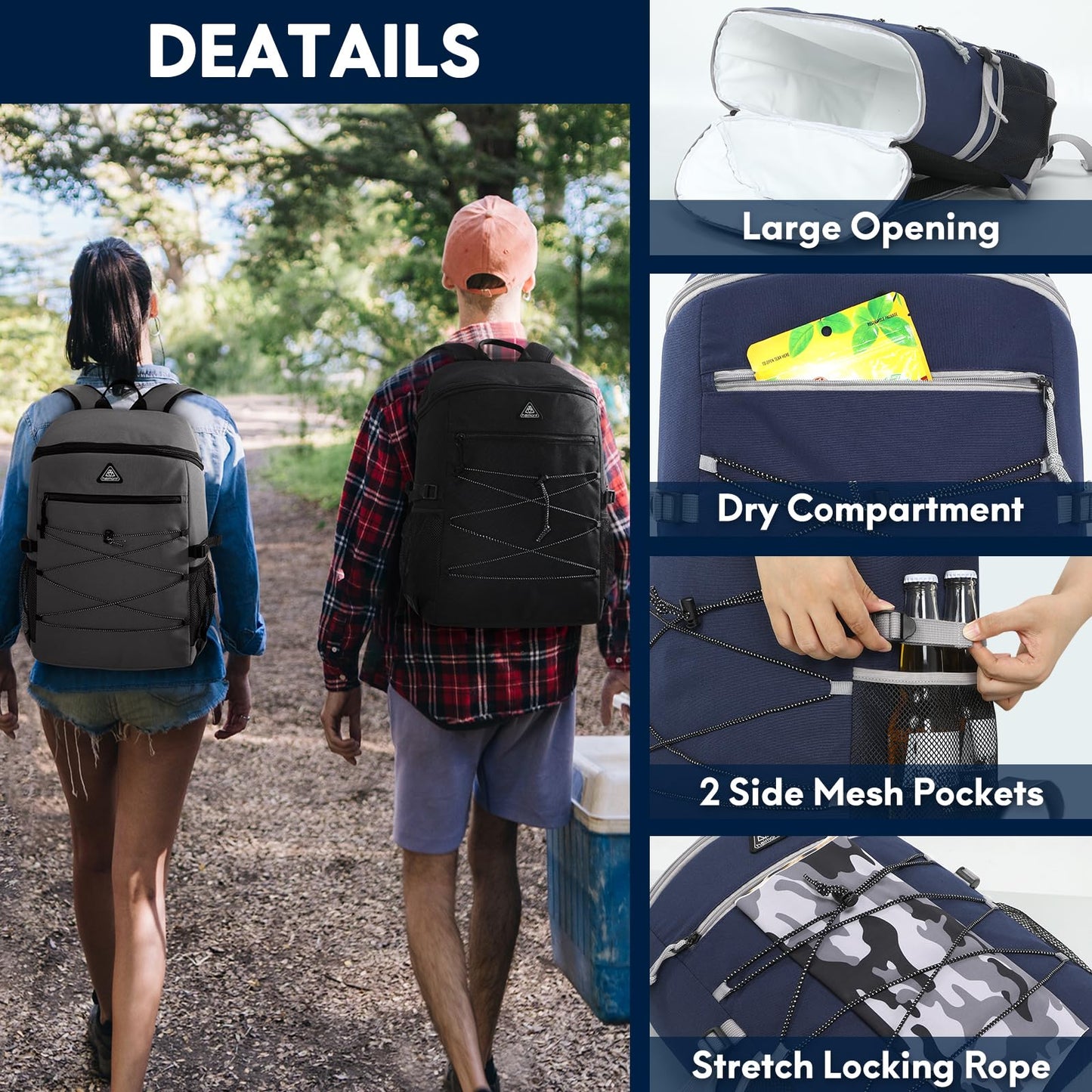 Haimont Insuated Backpack 35 Can Leakproof Thermal Lunch Cooler Backpack for Men Women, Lightweight, Navy Blue, New Version