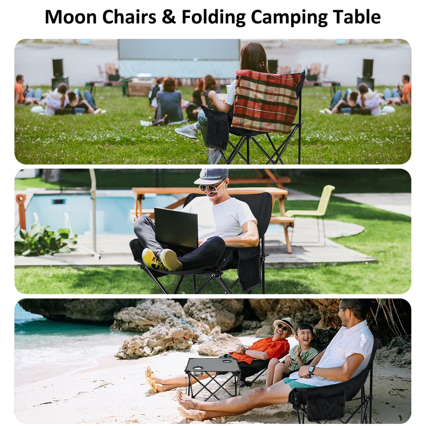 Leonyo 2 Pcs Portable Camping Chairs for Adults, Comfortable & Oversized Lawn Chair & Folding Camping Table for Outdoor Sports, Fishing, Rv Travel, Beach, Picnic – Black