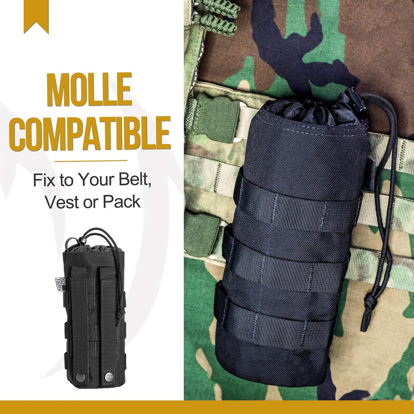 OneTigris Water Bottle Pouch 32 oz - Upgraded Water Bottle Holder, Tactical Drawstring Molle Water Bottle Carrier Bag 1000D Nylon for Walking Traveling Hiking Camping Cycling Outdoor Sports