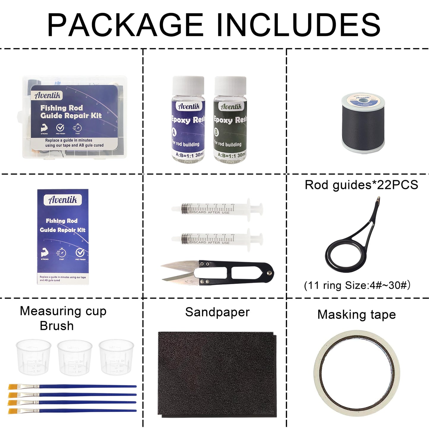 Aventik Fishing Rod Eyelet Repair Kit Complete, Emergency Quick-Fix Fishing Pole Eyes Replacement Kits Including Winding Thread, Epoxy and Stainless Steel Guides for Spinning Rod(Spinning Repair Kit)