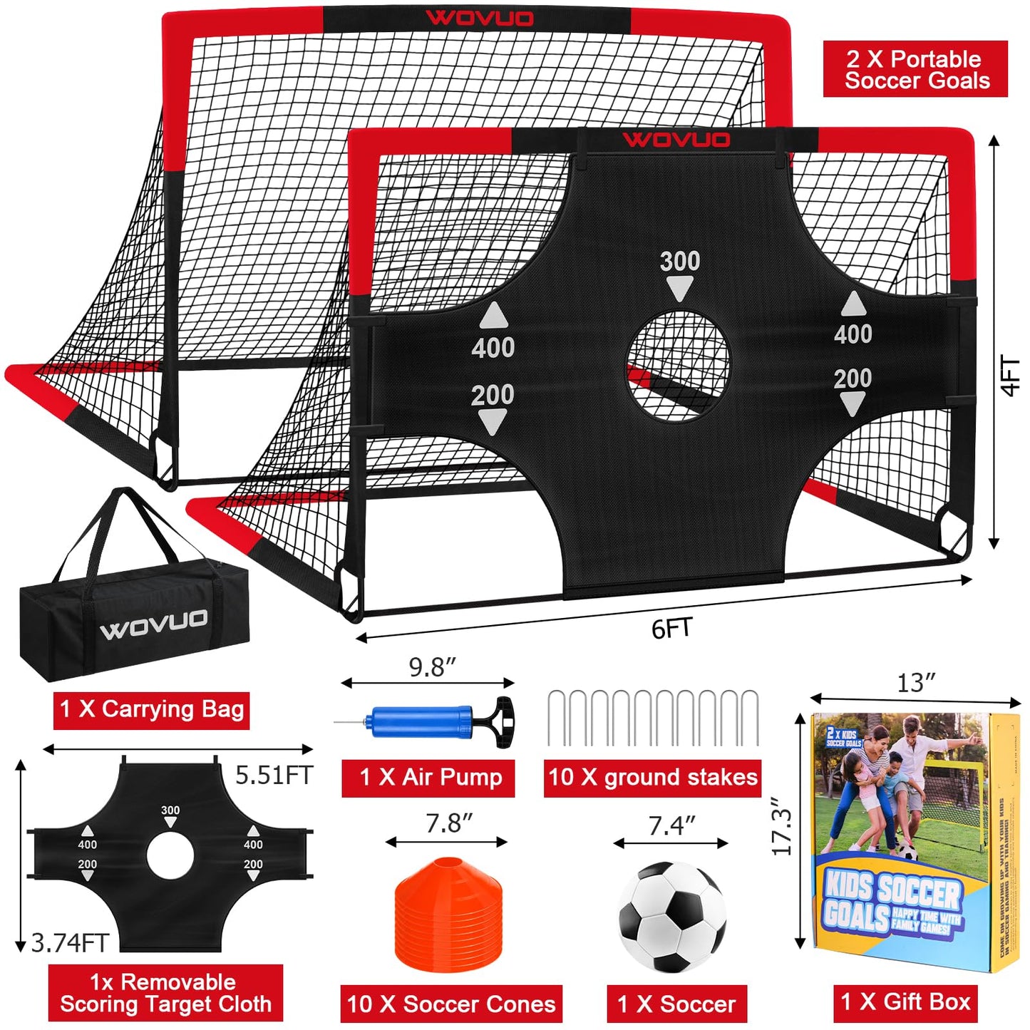 Kids Soccer Goals for Backyard Set of 2, 6x4 ft Portable Toddler Soccer Goal Training Equipment with Soccer Target, Ball, Cones, Soccer Net for Kids Age 3-5 6-8 8-12 10-12-14 Outdoor Sports Games Gift