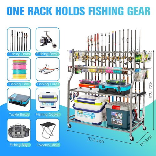 PeBro Fishing Pole Holders, Fishing Rod Holders for Garage, Fishing Rod Holder for Fishing Rod Tackle Box Reel Storage, All-In-One Fishing Rod Rack with Hooks and Wheels