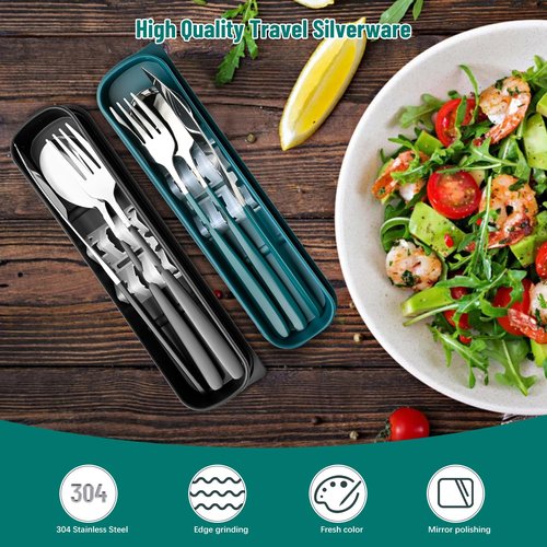 HMDZMR Travel Utensils with Case, 4pc Reusable Utensils Set with Case, Camping Utensil Set, Portable Silverware Lunch Utensils Set for Work Camping School (Black)
